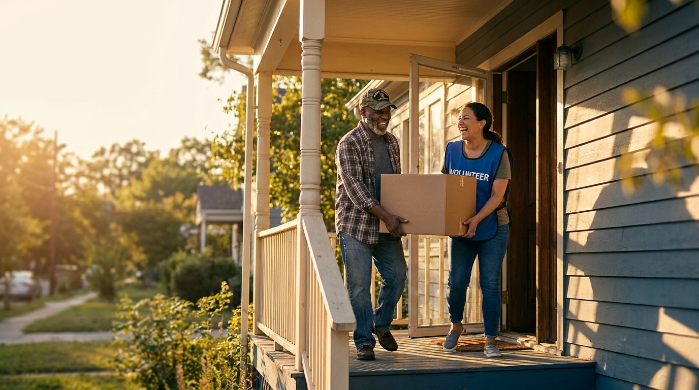 A volunteer helps a veteran move into his new home through DRC Serving Heroes.