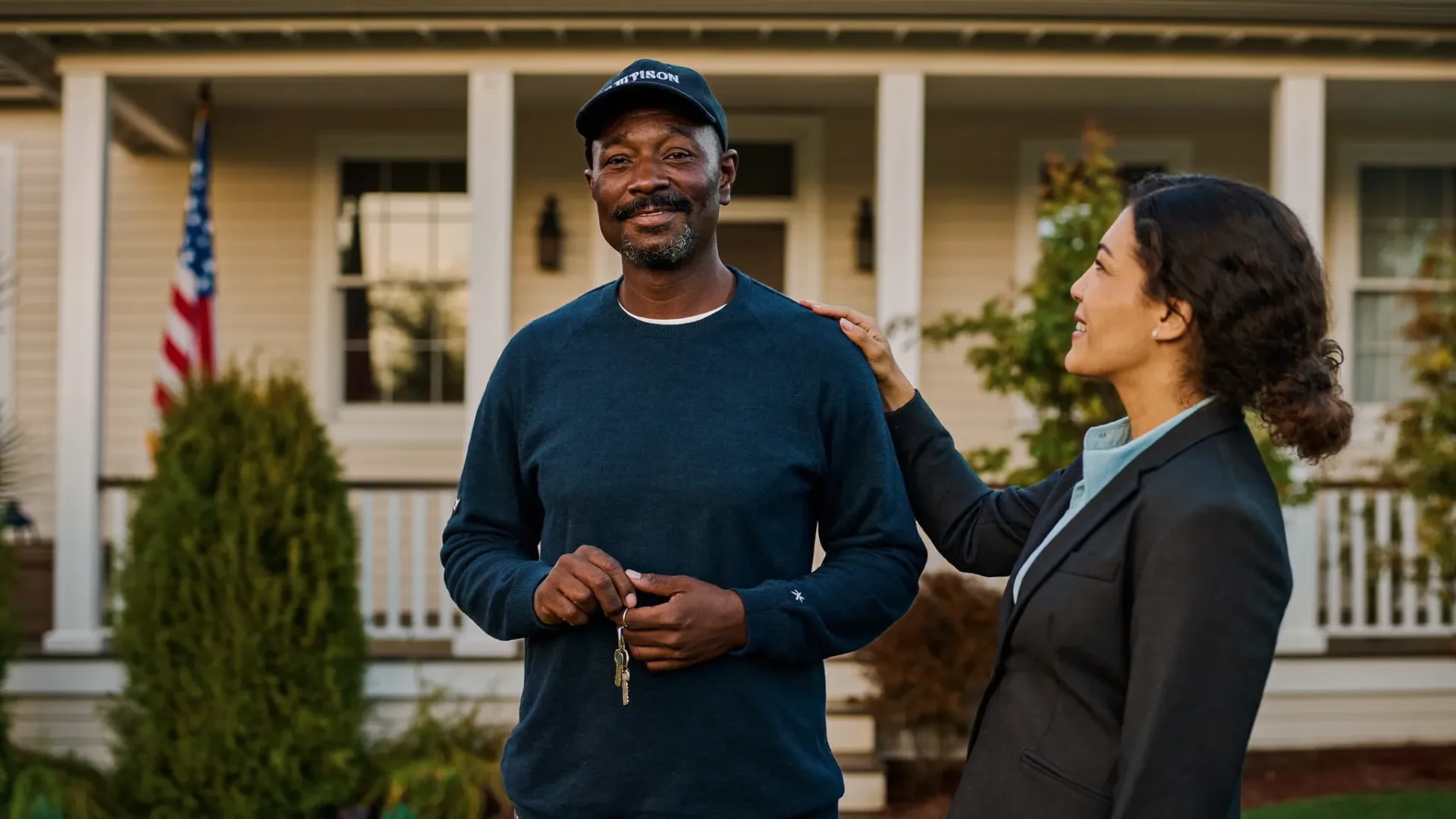 A veteran holds the keys to his new home alongside a DRC Serving Heroes case manager.